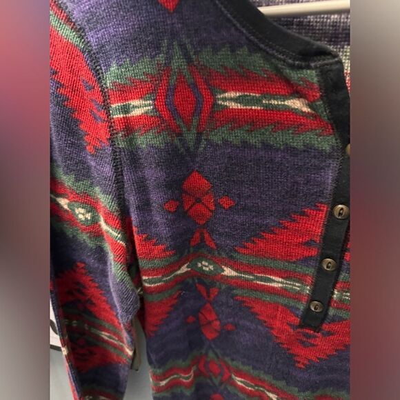 Chaps Demim Tribal Print Henley Top Long Sleeve Button Down Vneck Cut Size L - Picture 4 of 6